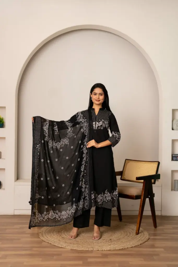 Jet Black Cotton Floral & Striped Printed Kurta Set