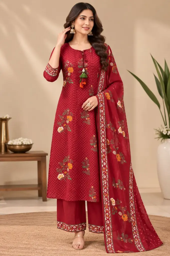 Maroon Floral Print Cotton Kurta Set with Tassels
