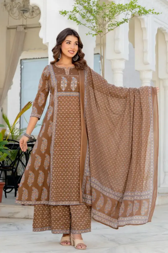 Earthy Brown Cotton Ethnic Printed Kalidar Kurta Set