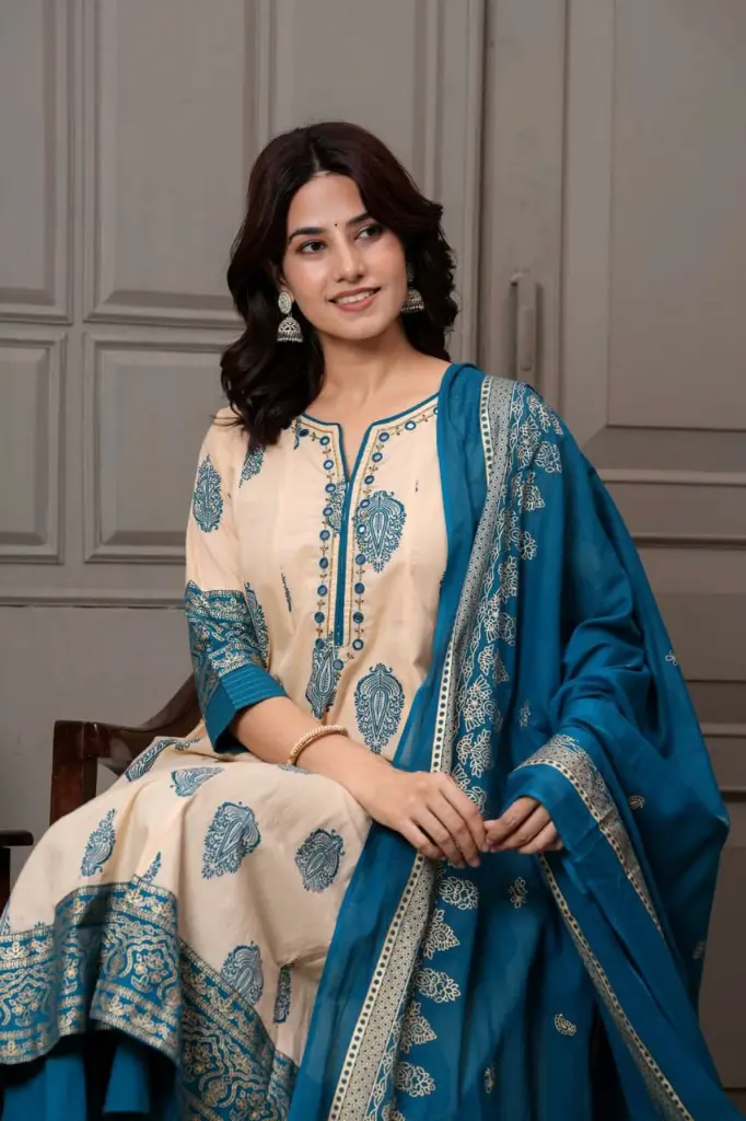 Teal Blue & Beige Paisley Mull Cotton Anarkali Set