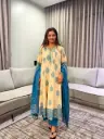 Teal Blue & Beige Paisley Mull Cotton Anarkali Set
