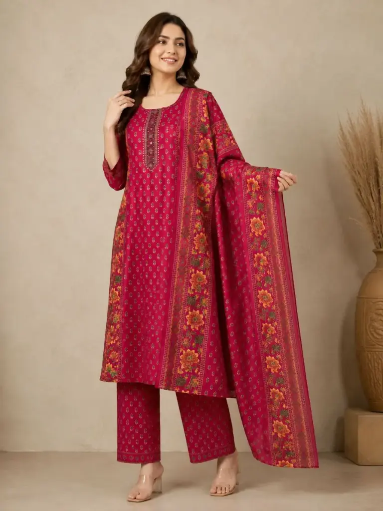 Magenta Pink Floral Printed Mull Cotton Kurta Set