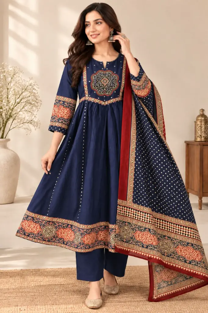 Navy Blue Anarkali Printed Mull Cotton Kurta Set