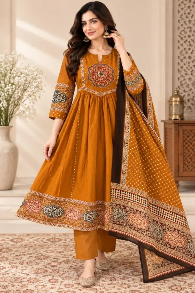 Traditional Mustard Pure Mull Cotton 3-Piece Kurta Palazzo Set