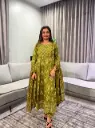 Olive Green Floral Printed Pure Mull Cotton Anarkali Kurta Set