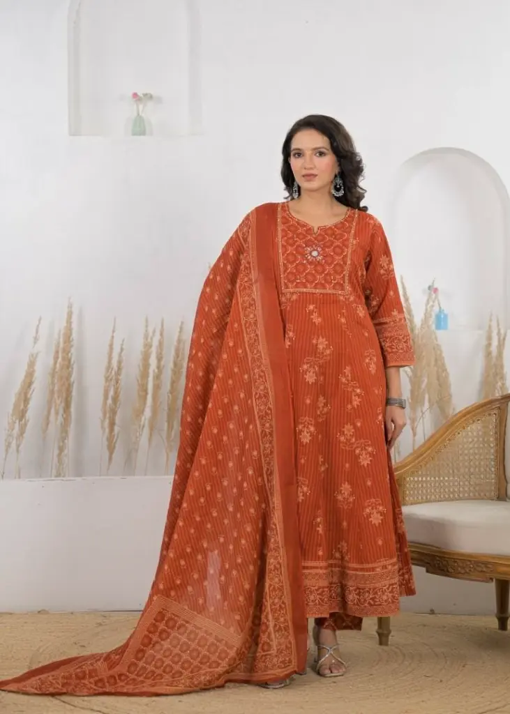 Rust Orange Printed Pure Mull Cotton Flared Anarkali Kurta Set