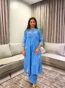 Powder Blue Floral Embroidered Pure Soft Flex Cotton Flared Kurta Set