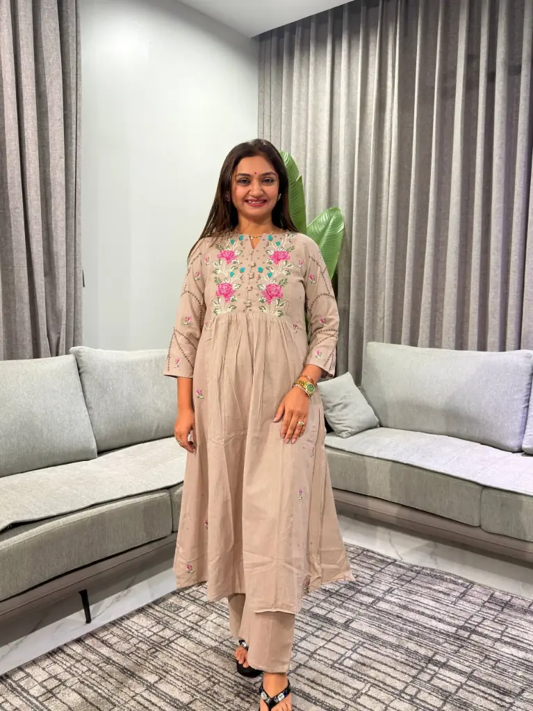 Beige Floral Embroidered Pure Soft Flex Cotton Flared Kurta Set