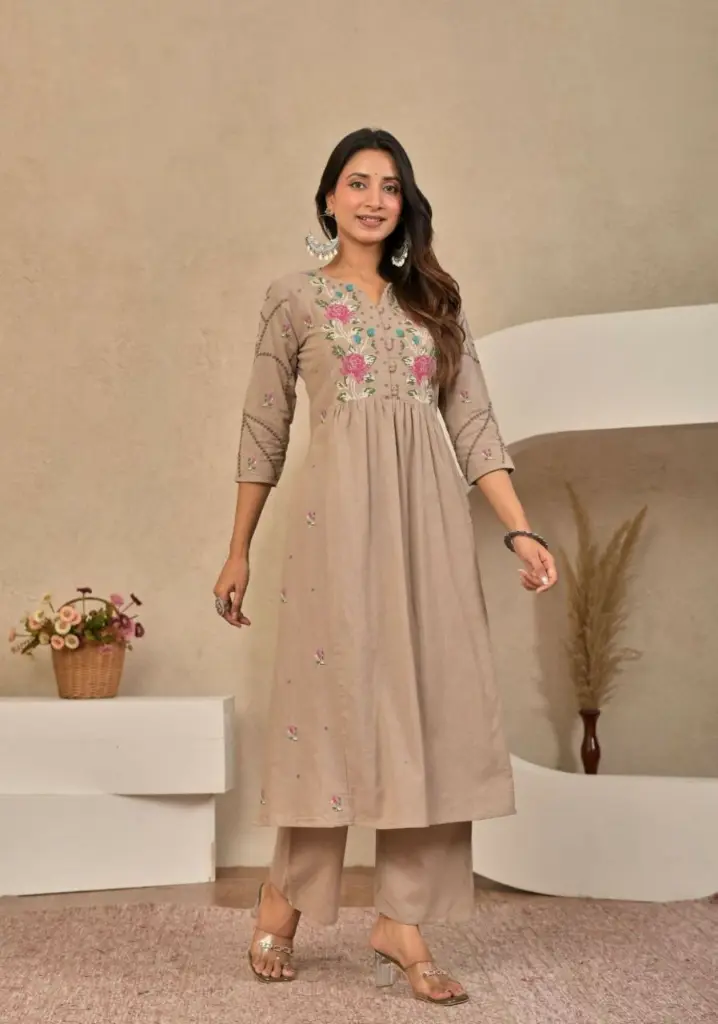 Beige Floral Embroidered Pure Soft Flex Cotton Flared Kurta Set