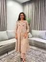 Beige Floral Embroidered Pure Soft Flex Cotton Flared Kurta Set