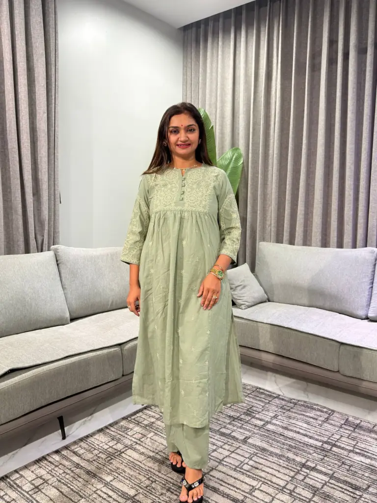 Sage Green Chikankari Embroidered Pure Cotton Flared Kurta Set
