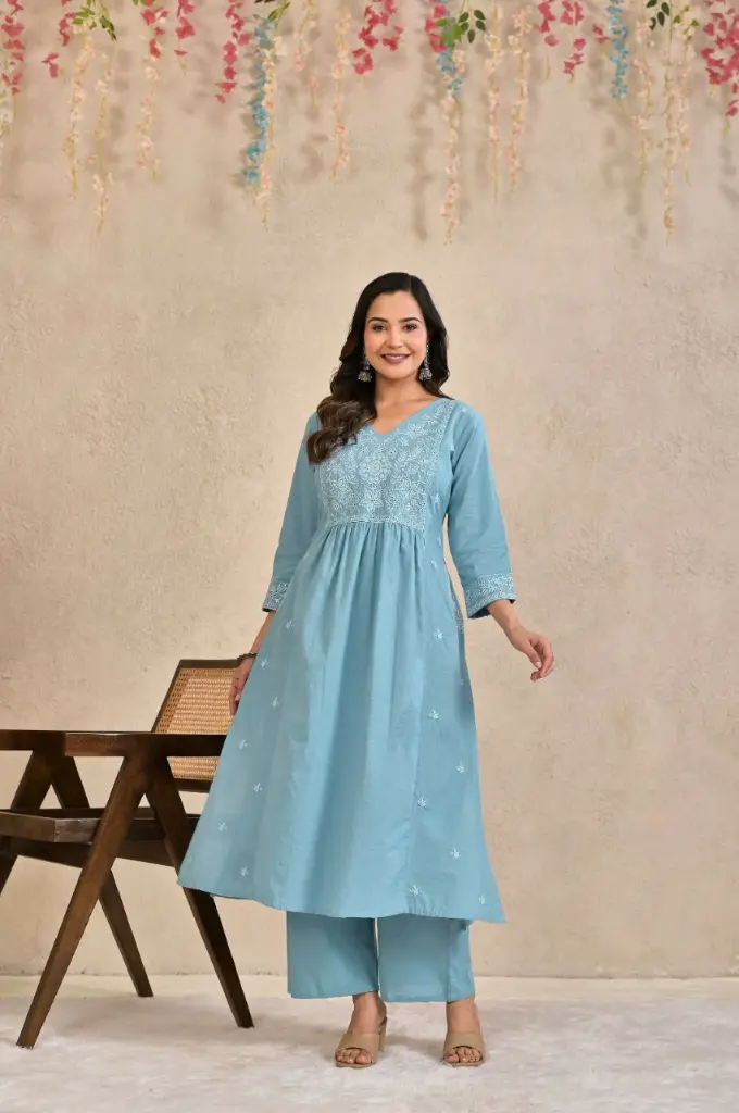 Sky Blue Chikankari Embroidered Pure Cotton Flared Kurta Set