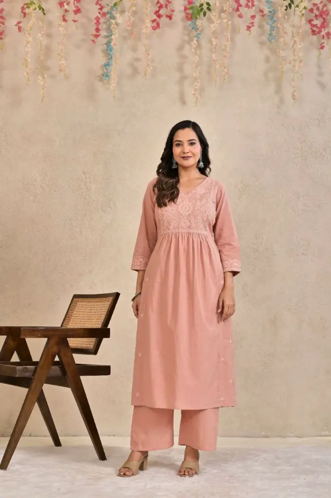 Dusty Pink Chikankari Embroidered Pure Cotton Flared Kurta Set