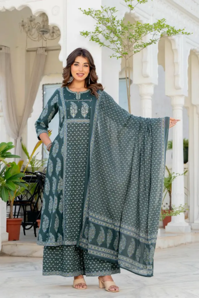 Dark Teal Green Floral Printed Pure Cotton Kalidar Kurta Set