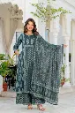 Dark Teal Green Floral Printed Pure Cotton Kalidar Kurta Set