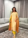 Beige & Multi Color-Blocked Pure Banarasi Mull Chanderi Kalidar Kurta Set