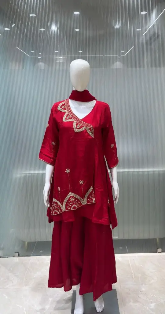 Crimson Red Zari Hand-Worked Indo-Western Co-Ord Set with Dupatta