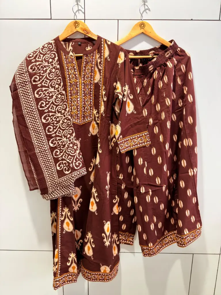 Chocolate Brown Ikat & Batik Printed Mull Cotton Kurta Set