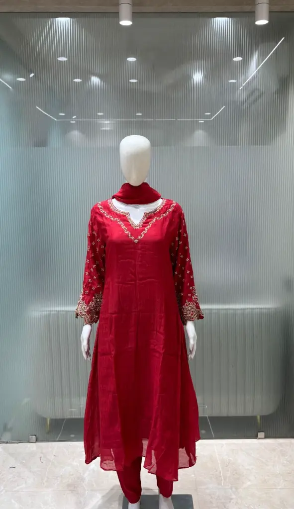 Crimson Red Hand-Embroidered Banarasi Mull Chanderi Anarkali Set