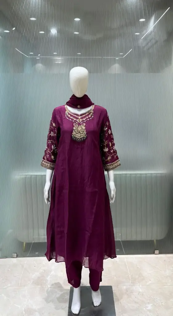 Deep Wine Hand-Worked Russian Silk Kurta Set