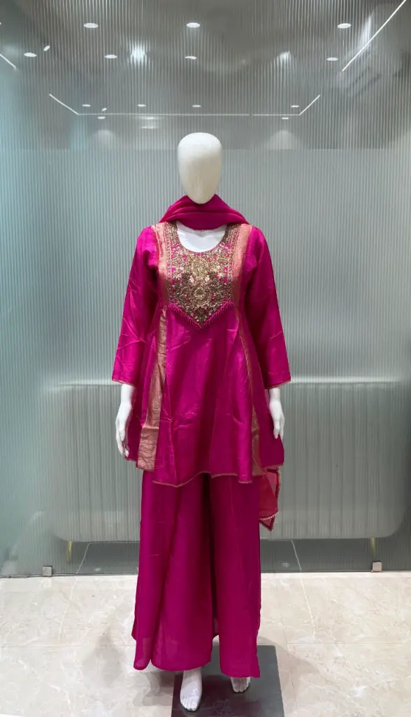 Hot Pink Hand-Worked Russian Silk Indo-Western set