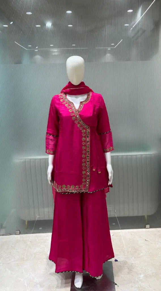 Rani Pink Hand-Worked Angrakha Russian silk Set