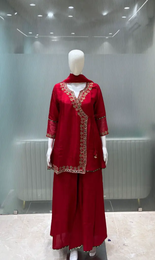 Crimson Red Hand-Worked Angrakha Russian Silk Set