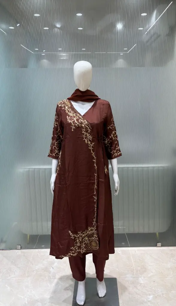 Chocolate Brown Hand-Worked Angrakha Silk Set