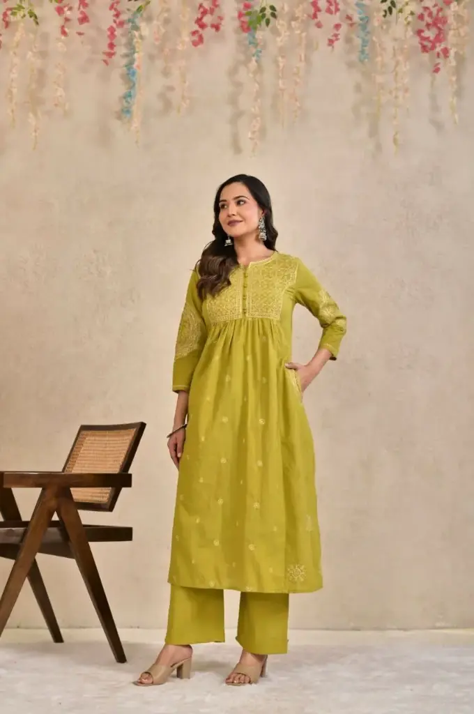 Olive Green Schiffli Embroidered Cotton Kurta Set
