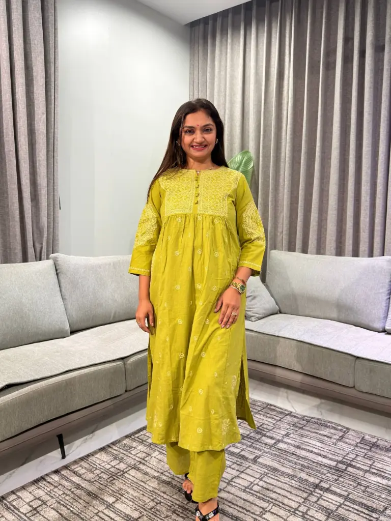 Olive Green Schiffli Embroidered Cotton Kurta Set