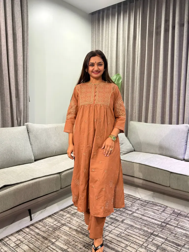 Terracotta Brown Schiffli Embroidered Cotton Kurta Set