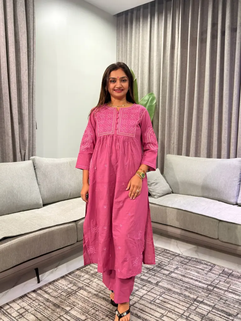 Mauve Pink Schiffli Embroidered Cotton Kurta Set