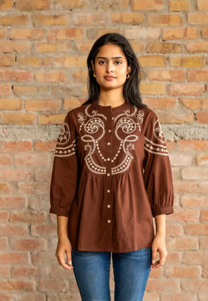 Chocolate Bloom Embroidered Pure Mull Cotton Tunic