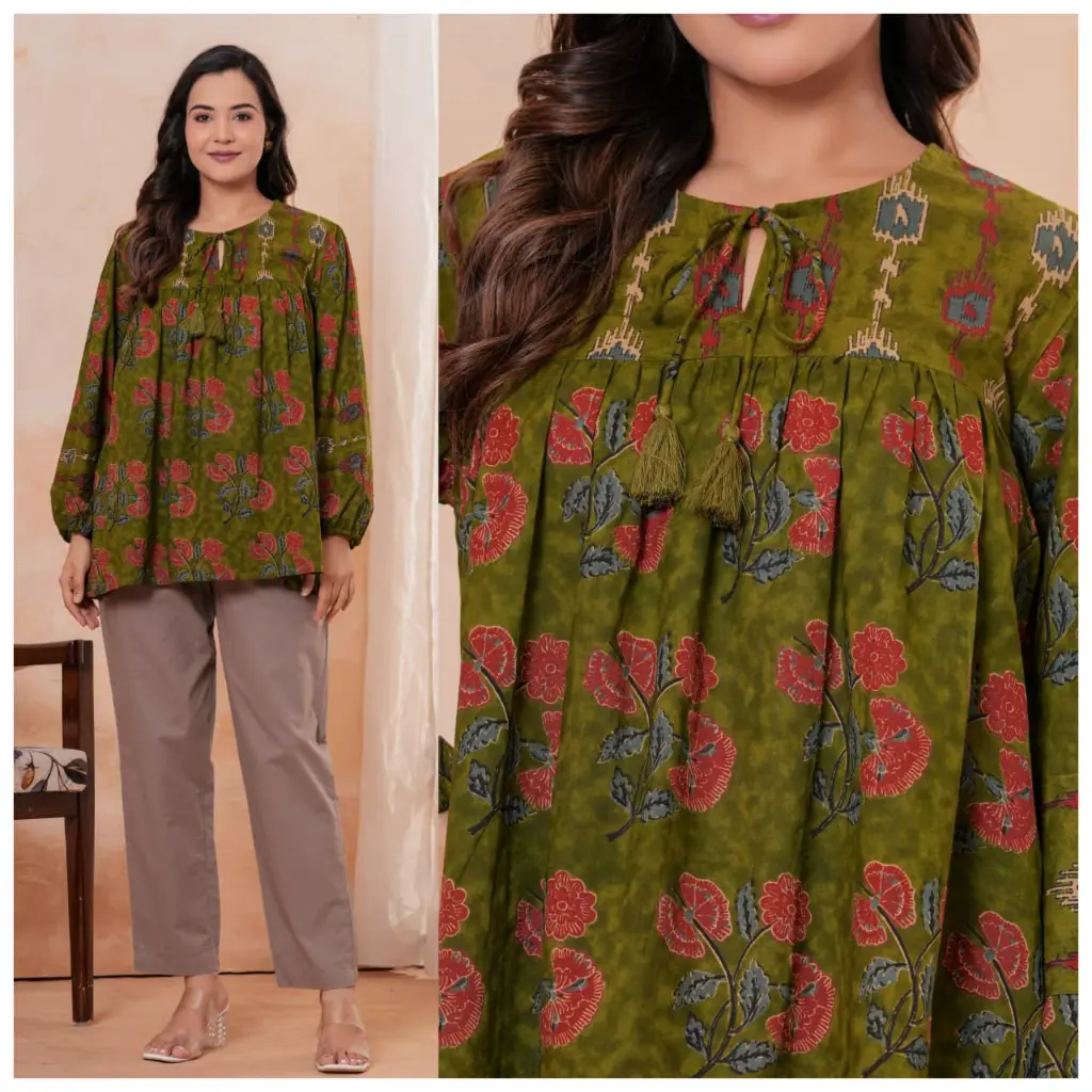 Moss Green Floral Printed Pure Cotton Tunic