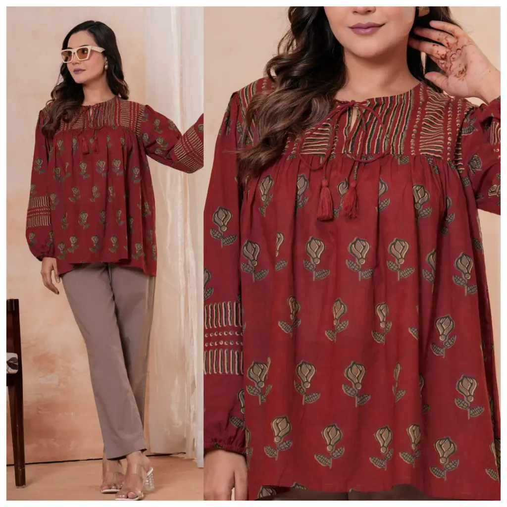 Rust Red Floral Printed Pure Cotton Tunic