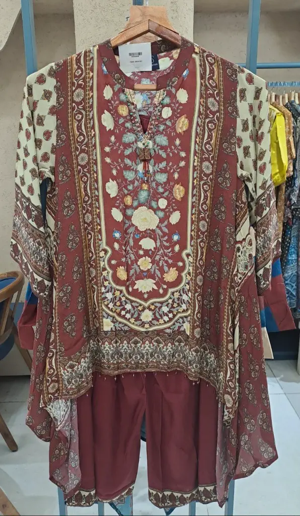 Maroon Floral Hand-Worked Crepe Co-ord Set