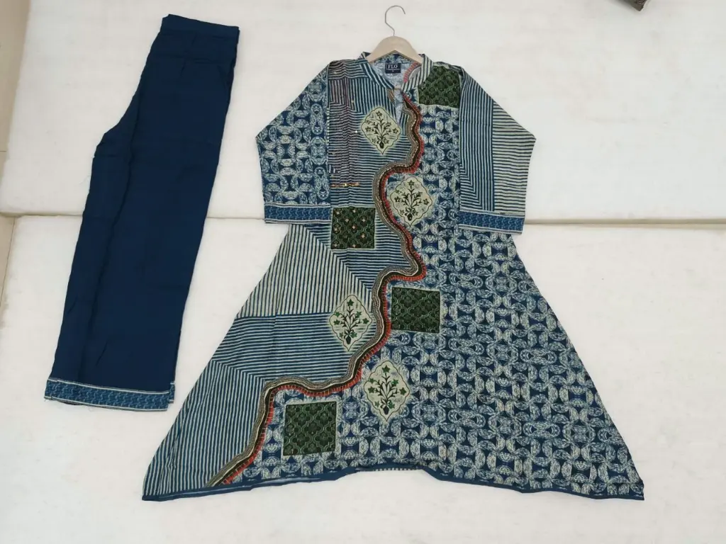 Indigo Blue Patchwork Hand-Worked Viscose Crepe Co-ord Set