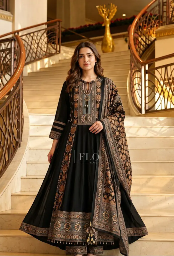 Olive Green & Ochre Heritage Print Natural Crepe Anarkali Set 