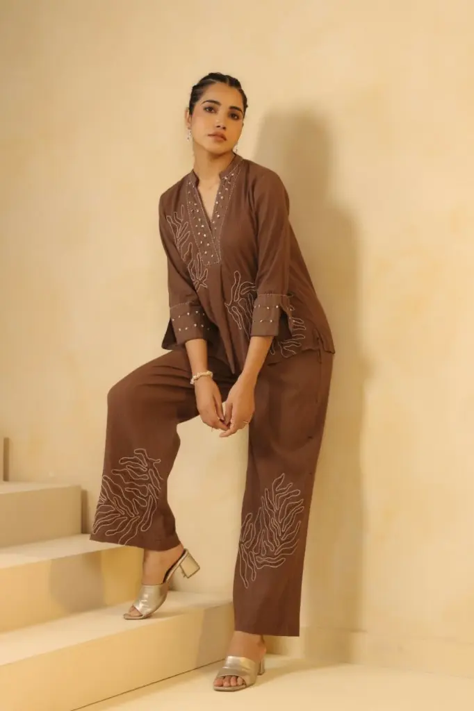 Cocoa Bloom Embroidered Imported Fabric Co-ord Set
