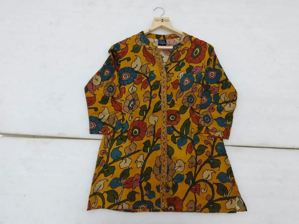 Mustard Yellow Kalamkari Floral Viscose Crepe Tunic
