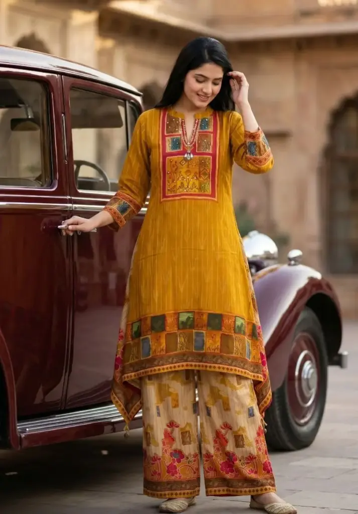 Mustard Yellow Block Motif Viscous Crepe Co-ord Set