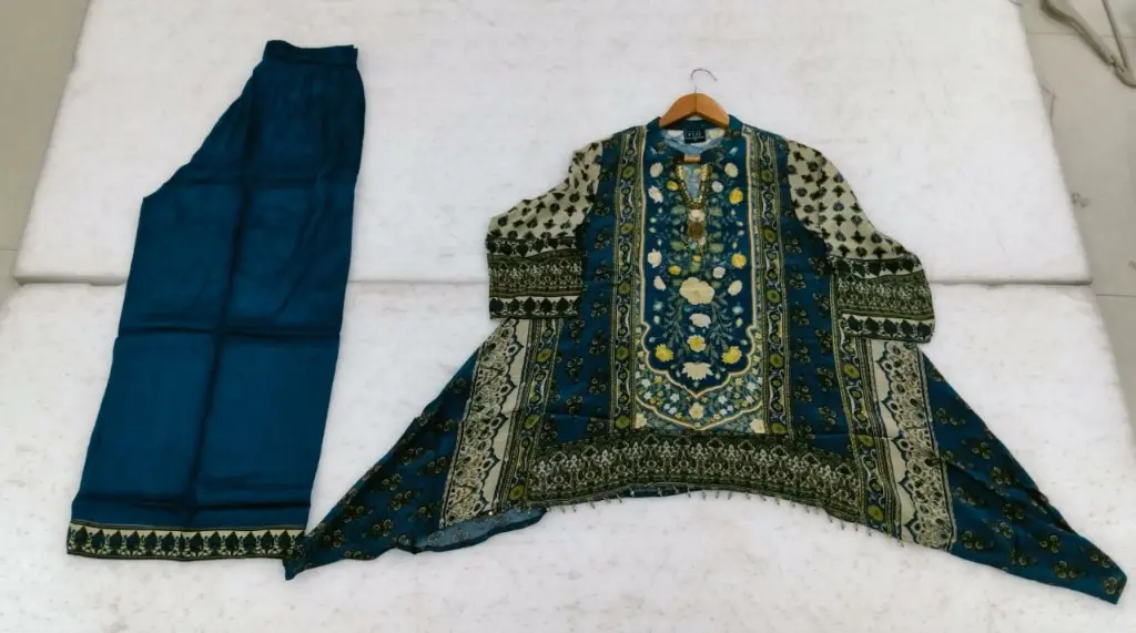 Teal Blue Floral Asymmetric Hand-Worked Natural Crepe Co-ord Set