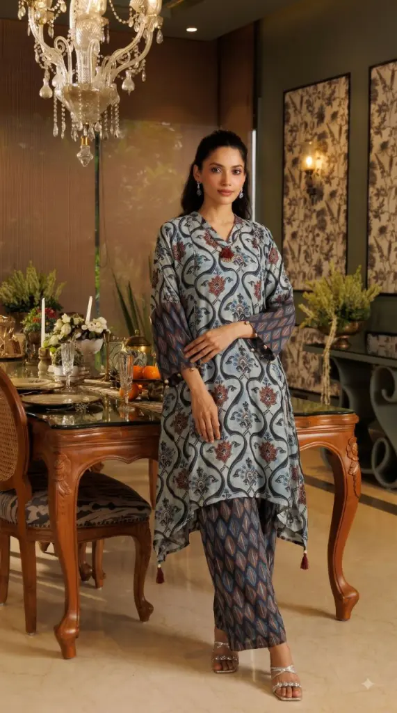 Powder Blue Floral Trellis Hand-Worked Natural Crepe Kurta Set
