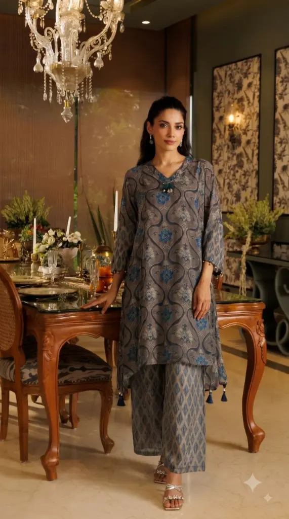 Grey Floral Trellis Hand-Worked Natural Crepe Kurta Set