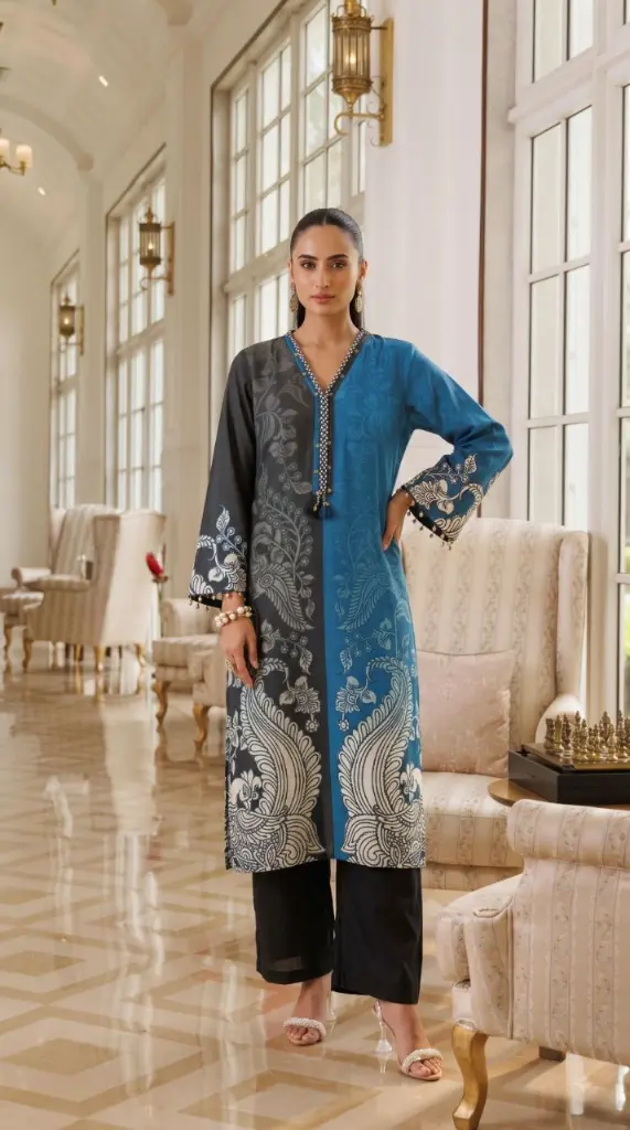 Teal Blue & Charcoal Paisley Dual-Tone Muslin Crepe Kurta Set