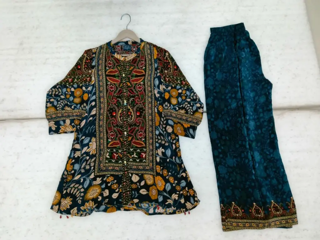 Teal Blue Multi-Floral Kalamkari Pure Natural Crepe Co-ord Set