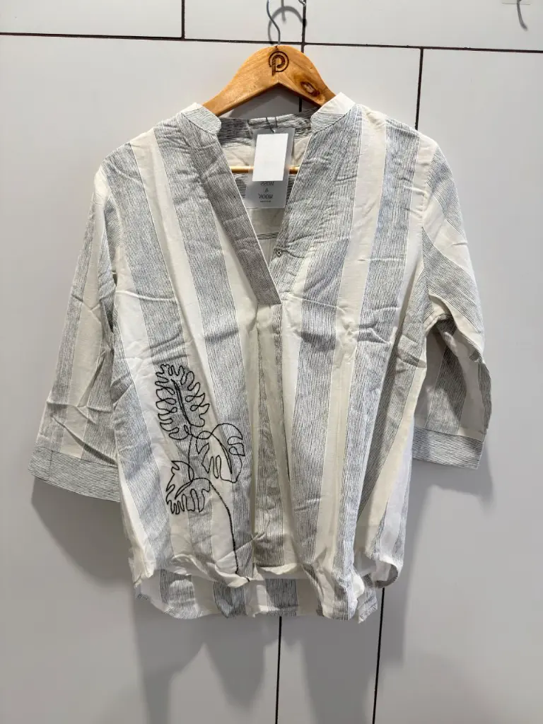Off-White & Grey Striped Embroidered Imported Cotton Top
