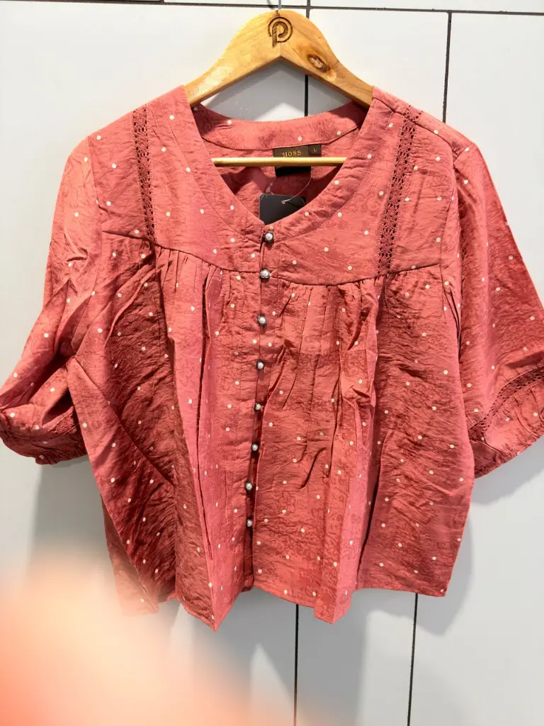 Terracotta Pink Polka Dot Pearl Button Imported Fabric Western Top