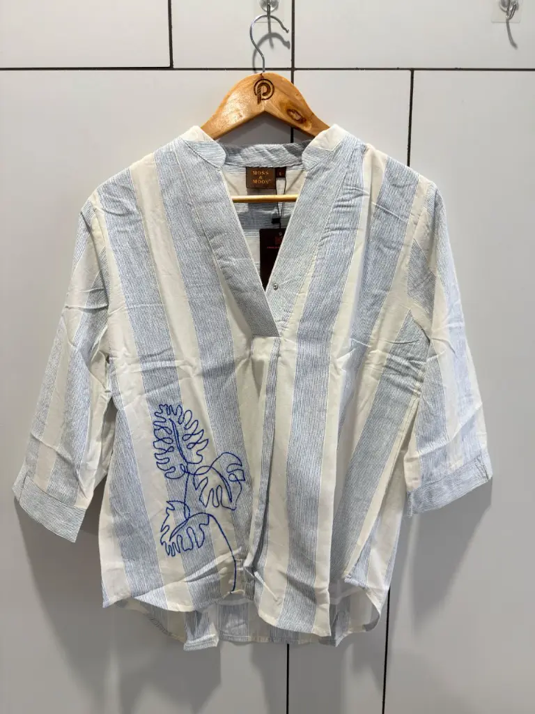 Off-White & Sky Blue Striped Embroidered Imported Cotton Top
