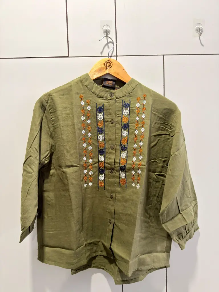 Olive Green Multi-Color Thread Embroidered Imported Cotton Top